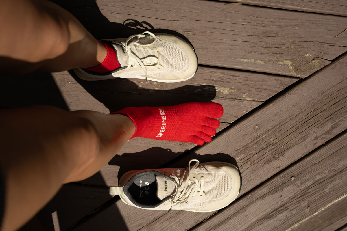 Creepers toe socks in red with Barefoot running shoes from Bahe