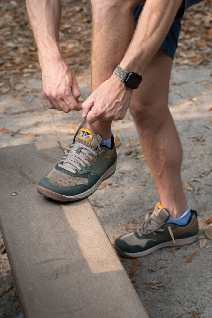 Hiking in Lems Trail Blazers with wide toe box and cushion