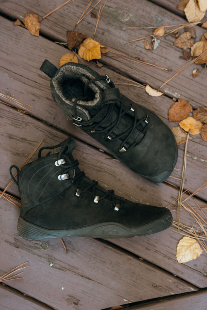 Wildling feral barefoot winter boots with nubuck leather uppers, wool lining and a deeper tread pattern