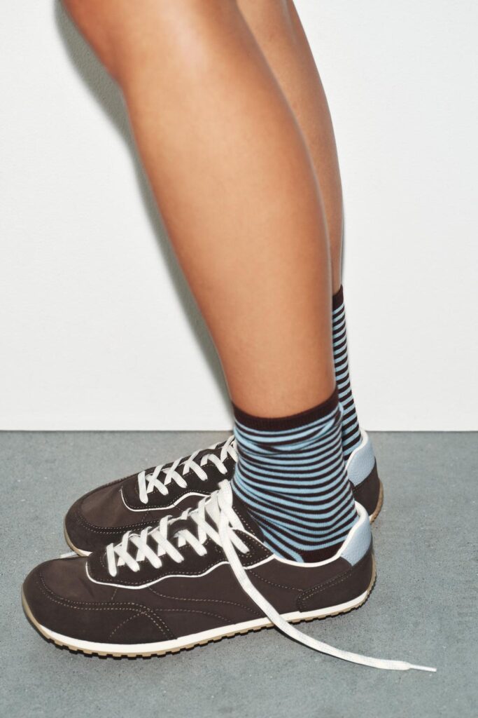 Dark brown suede barefoot sneakers from Zara in adult sizes