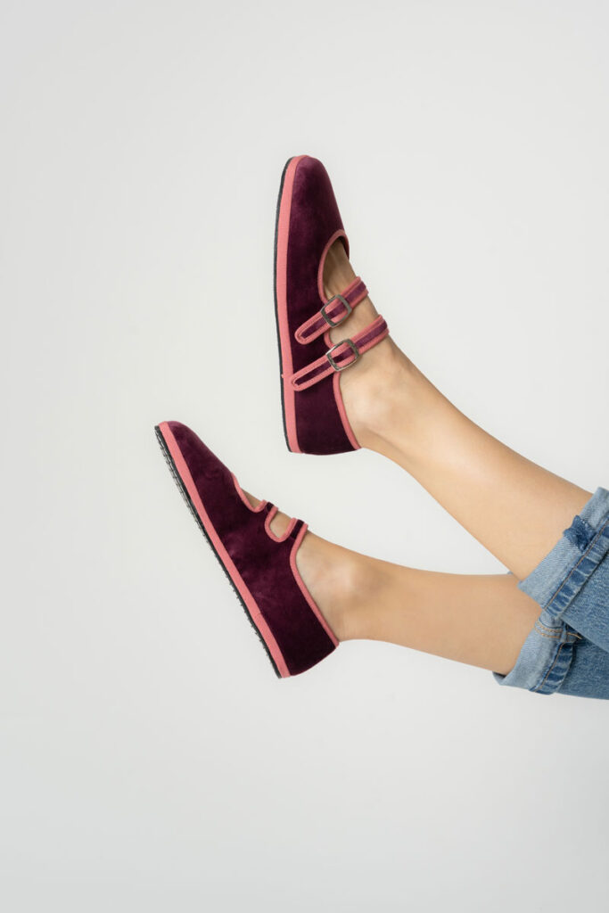Velvet Mary Jane Flats in purple plum color with pink ribbon in the albaPluma x Kelly Collection