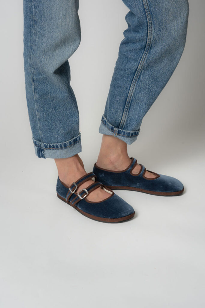 Blue velvet barefoot Mary Jane in the albaPluma x Kelly Collaboration