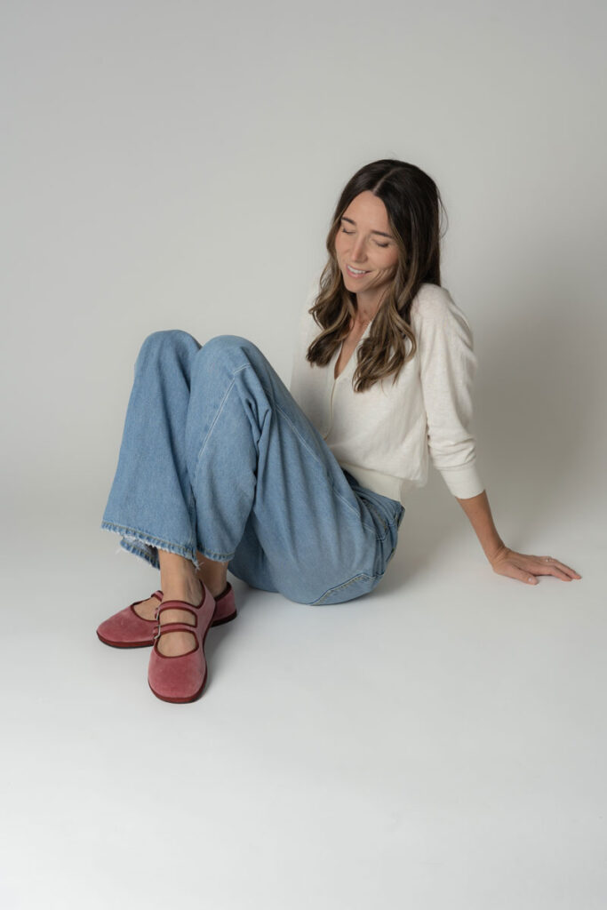 albaPluma x Kelly Collaboration, velvet barefoot Mary Jane in pink with burgundy ribbon