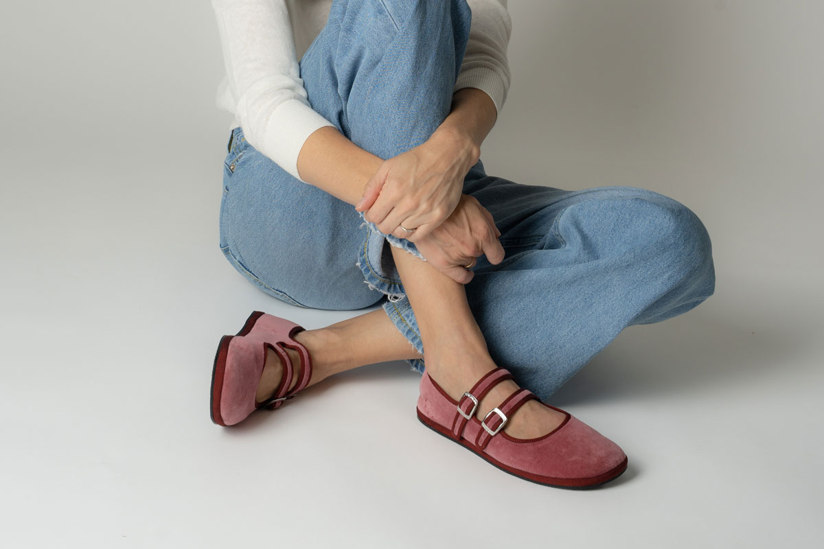Barefoot Velvet Mary Jane in pink velvet and burgundy grosgrain ribbon