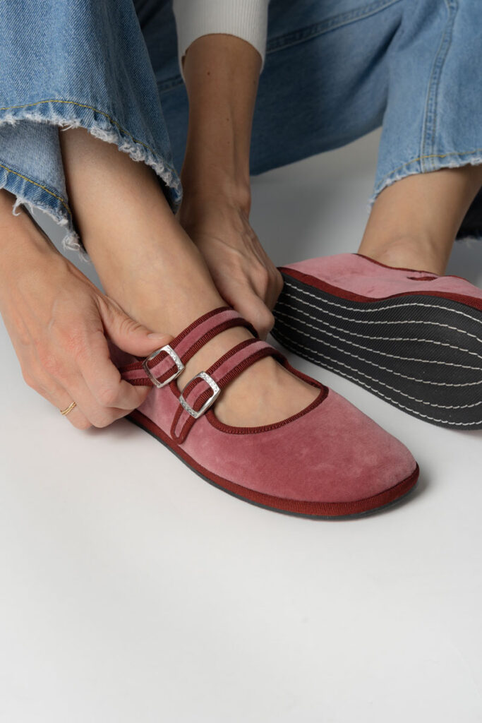 albaPluma x Kelly Collaboration, velvet barefoot Mary Jane in pink with burgundy ribbon