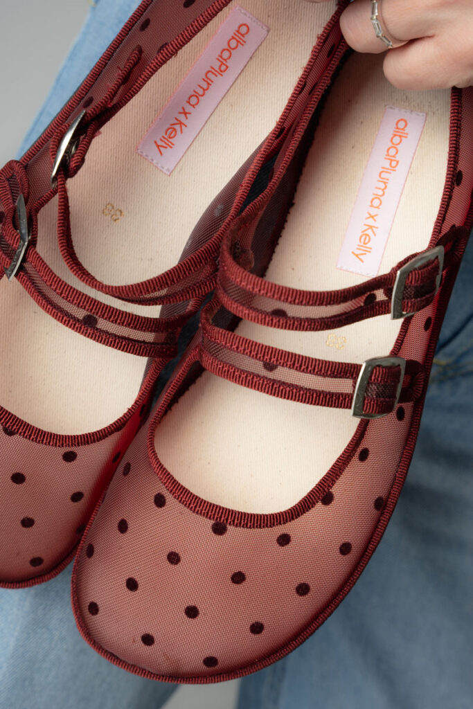albaPluma x Kelly Collaboration of barefoot Mary Jane friulana with a mesh polka dot upper in burgundy
