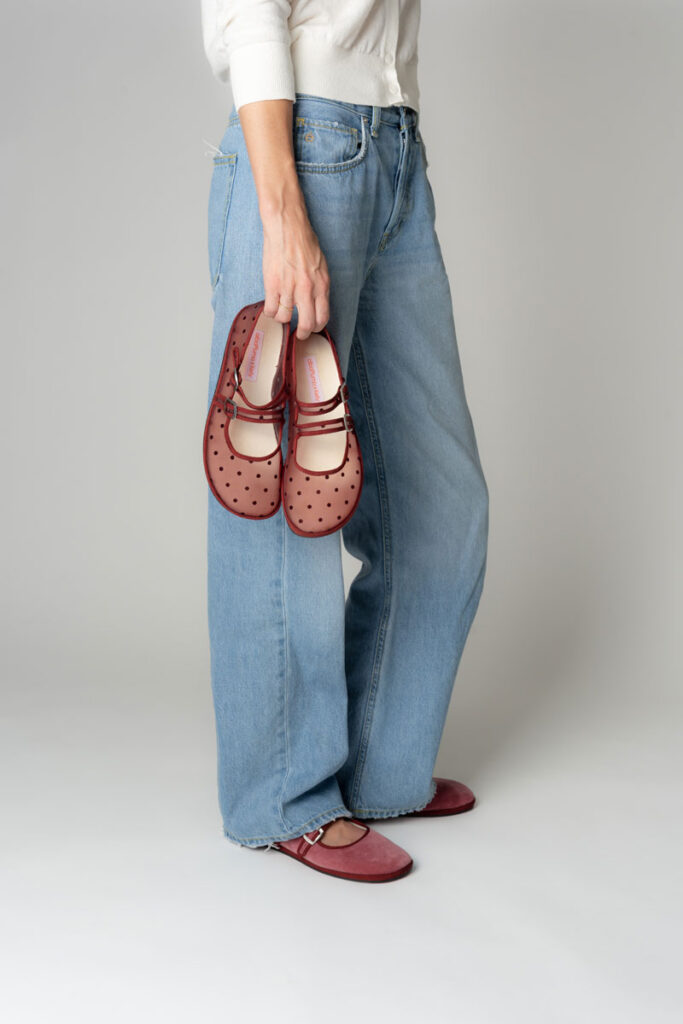 albaPluma x Kelly Collab with velvet barefoot Mary Janes and mesh polka dot Mary Jane flats