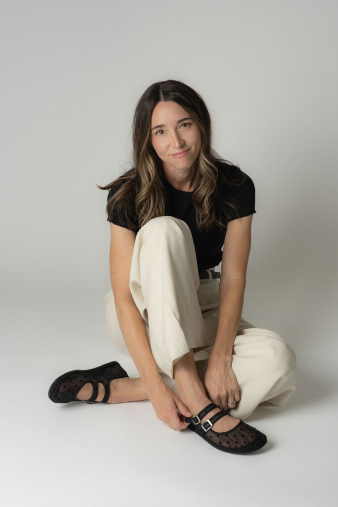 Kelly wearing mesh polka dot barefoot Mary Jane flats