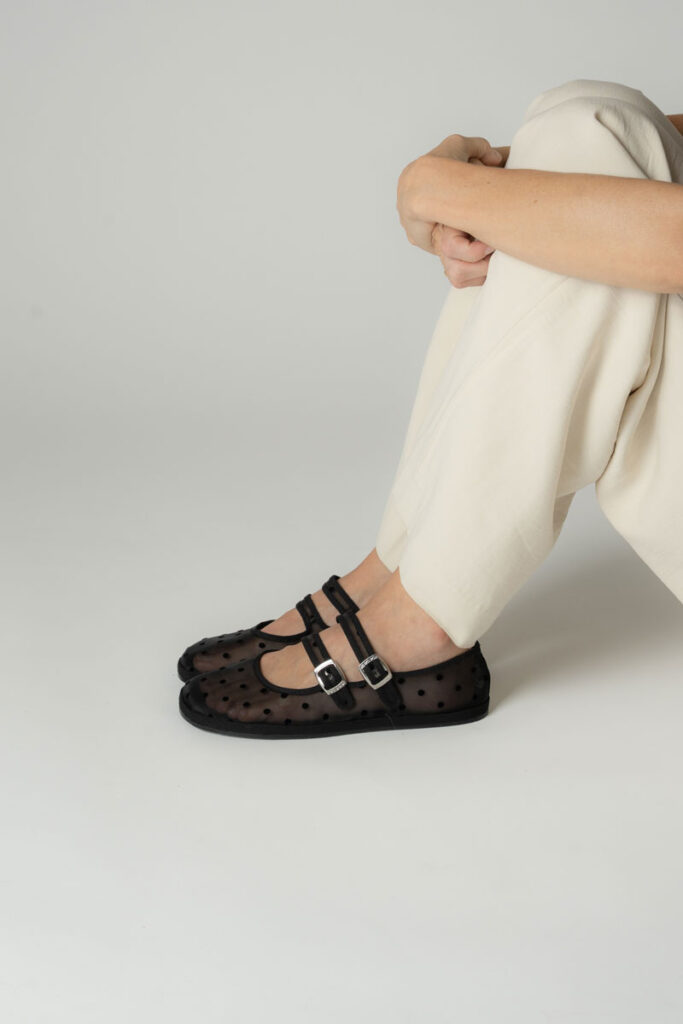 albaPluma x Kelly Collaboration of barefoot Mary Jane friulana with a mesh polka dot upper in black