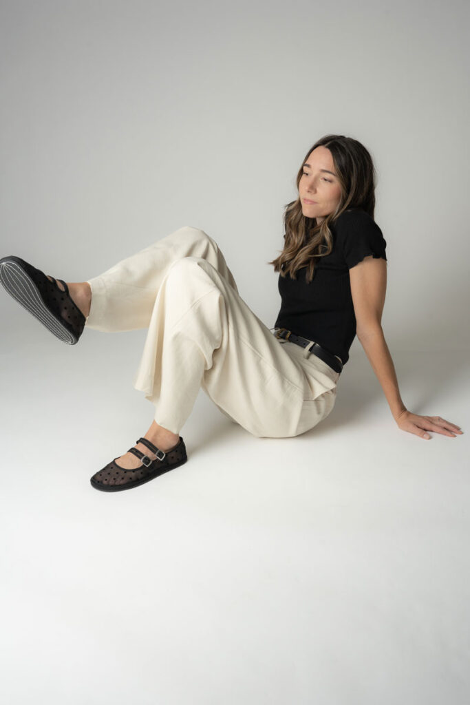 albaPluma x Kelly Collaboration of barefoot Mary Jane friulana with a mesh polka dot upper in black