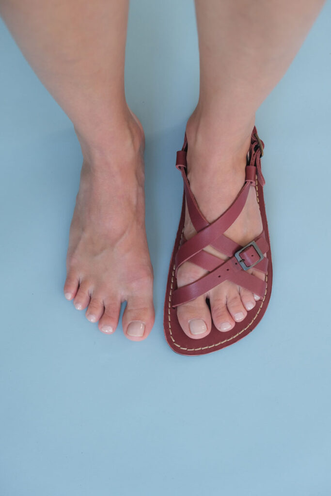 Portland Leather Barefoot Sandals compared a barefoot to show the narrower fit