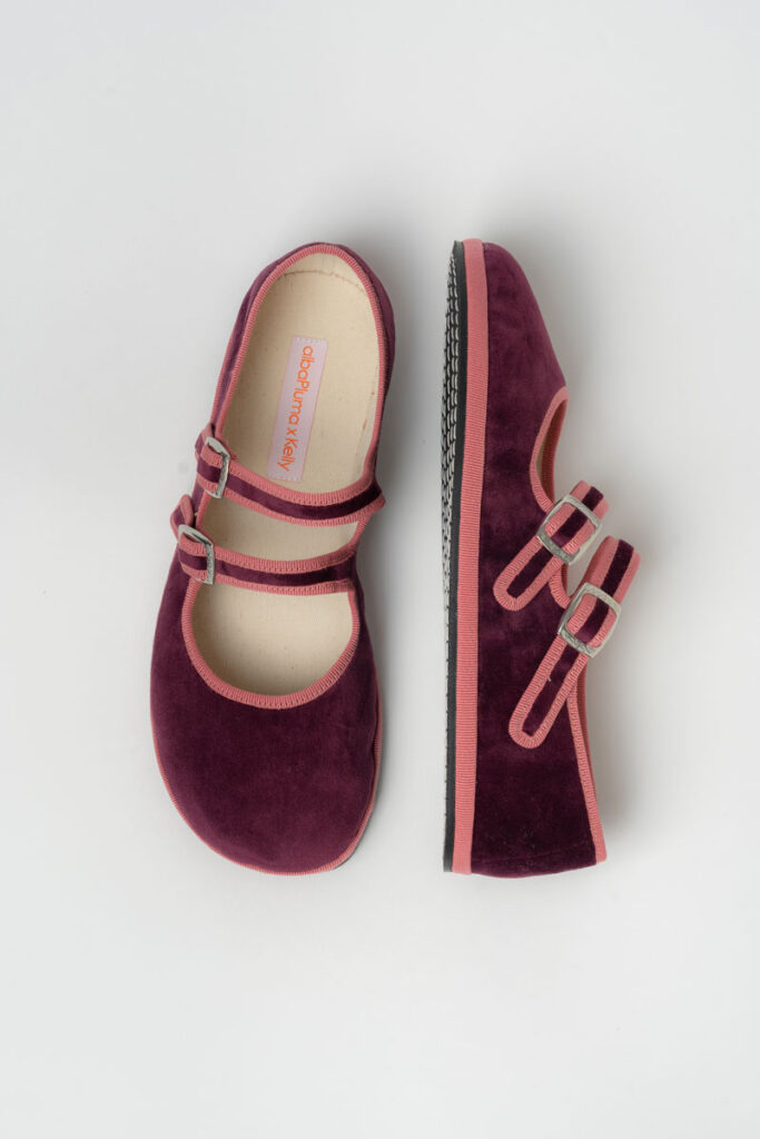 Velvet Mary Jane Flats in purple plum color with pink ribbon in the albaPluma x Kelly Collection