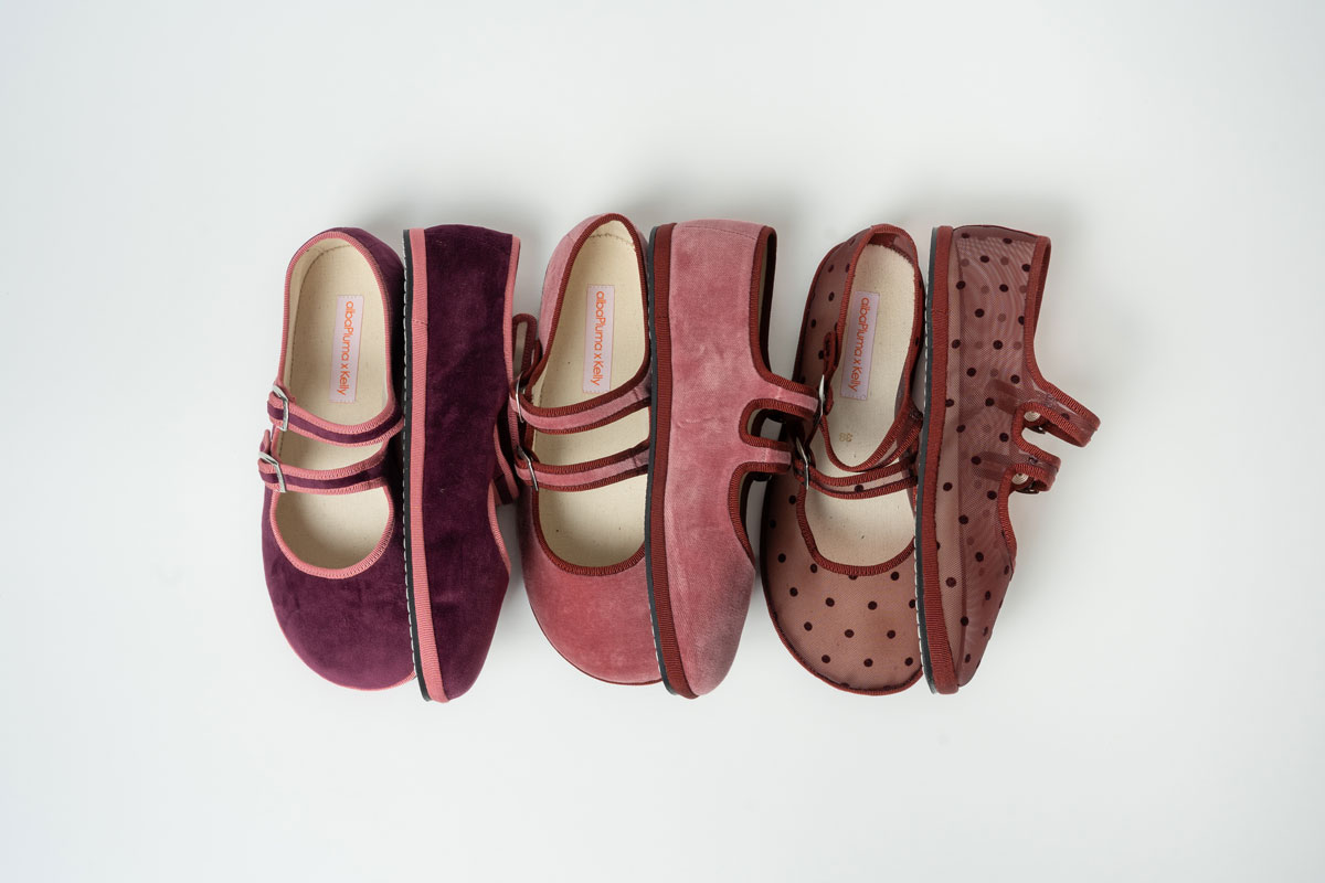 Pink and red barefoot Mary Jane flats in the albaPluma x Kelly collection